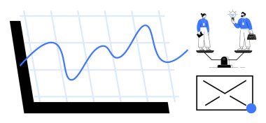 Mavi çizgi grafiği, dengeli ölçekler, iki profesyonel ve zarf simgesi. Analiz, iş stratejisi, iletişim, eşitlik, karar verme inovasyon eğitimi için idealdir. Basit düz