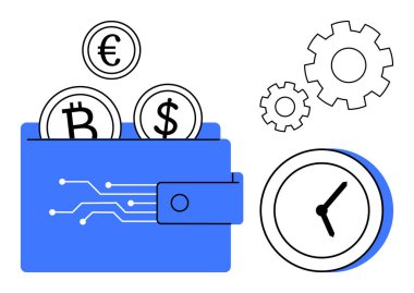 İçinde avro, bitcoin, dolar sikkeleri, bağlı devreler, vitesler ve saat bulunan dijital cüzdan. Finans, teknoloji, küresel ticaret kripto zaman yönetimi iş verimliliği için ideal