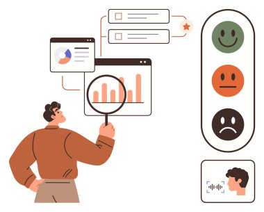 Adam bar çizelgelerini büyüteçle inceliyor, anketleri, duygu ölçeğini ve geri bildirim göstergelerini inceliyor. Veri analizi, geri bildirim, araştırma, değerlendirme, kullanıcı deneyimi karar verme süreci için ideal