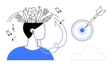 Kafadan çıkan çiçekler ve yapraklarla müzik dinleyen kişi yaratıcılığı ve ilhamı sembolize ediyor. Hedefe vuran bir dart odak ve başarıyı temsil eder. Üretkenlik için ideal