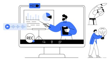 Video konferansı sırasında ekranda grafiği sunan adam, teknik el hareketi, mikrofon, kayıt ve ampul fikri. Eğitim, takım çalışması, teknoloji, iletişim yaratıcılığı yeniliği için ideal