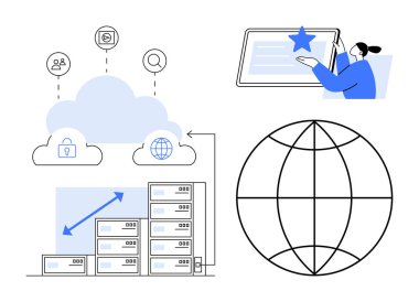 Veri depolama sunucuları, güvenlik ve küresel erişim simgeleri olan bulutlar, kullanıcı arayüzü ile etkileşimi, dünya temsili. Teknoloji, veri analizi, küresel ağ, bulut depolama, kullanıcı için ideal