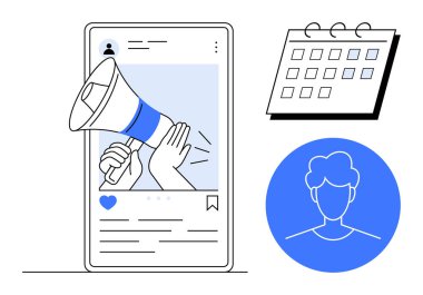 Bir megafon, takvim ve kullanıcı avatarı aracılığıyla içeriği tanıtan akıllı telefon ekranı. Dijital pazarlama, içerik stratejisi, çevrimiçi markalaşma, sosyal medya yönetimi için ideal