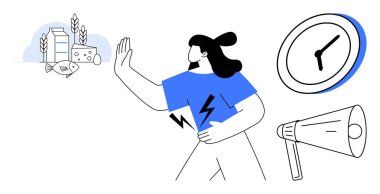 Alerjik gıdalara doğru hareket eden kadın süt, balık ve buğdayı işaret ediyor. Saat, megafon ve enerji simgelerini içerir. Sağlık farkındalığı, diyet uyarısı, zaman yönetimi iletişimi için ideal