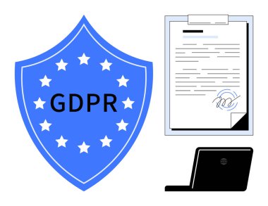 Kalkan etiketli GDPR, panoda imzalı belge, veri korumasını vurgulayan dizüstü bilgisayar, gizlilik düzenlemeleri, çevrimiçi güvenlik, şirket uyumu, yasal anlaşmalar, güven, basit düz metafor