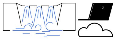 Veri akışları bir dizüstü bilgisayar ve bulut ile birlikte merkez bir merkeze akıyor, dijital depolamayı, çevrimiçi işbirliğini ve bağlantıyı sembolize ediyor. Teknoloji, bilişim, veri yönetimi, yenilik ve bulut için ideal