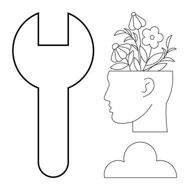 İçinde çiçekler büyüyen, yaratıcılığı ve zihinsel gelişimi temsil eden insan kafası, kendini geliştirmek için bir ingiliz anahtarı ve soyut düşünce için bir bulut. Ruh sağlığı ve kişisel sağlık için ideal