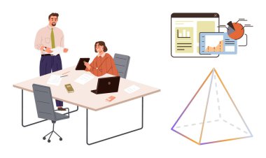 Ekip masadaki raporlar, dizüstü bilgisayarlar, ekranlar ve kağıtlarla işbirliği yapıyor. Takım çalışması, veri içgörüleri, verimlilik, ofis iş akışı için ideal, analitik raporlar stratejisi. Basit düz metafor