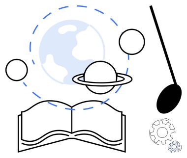 Gezegenler, Dünya, müzik notaları ve bilgi, keşif, müzik ve teknolojinin uyumunu temsil eden viteslerle dolu açık bir kitap. Eğitim için ideal, yaratıcılık keşfi yenilik bilim sanatı
