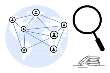 Bir ağın parçası olarak dünya haritasındaki kullanıcı bağlantıları, analiz için büyüteç, ekonomi için sikke. Küreselleşme, takım çalışması, analiz, ağ oluşturma, ekonomi ve araştırma dijital stratejisi için ideal