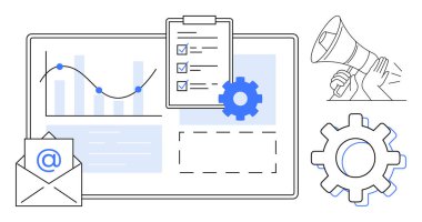 Grafikli pazarlama paneli, pano kontrol listesi, dişli simgesi, zarf ve megafon. İletişim, iş akışı, verimlilik, analitik reklamcılık proje yönetimi için ideal basit düz