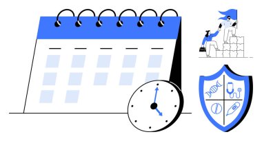 Spiral bağlayıcı takvim, saat vurgulama zamanı, sağlık sembollü kalkan ve istiflenmiş küplerdeki hedeflere ulaşan takım arkadaşları. Üretkenlik, planlama, takım çalışması, sağlık hizmetleri için ideal