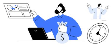 Profesyonel inceleme raporları, masada para çantası, yakınlarda bir saat. Finans, iş, yönetim, zaman yönetimi, karar verme başarısı temaları için idealdir. Temiz daire