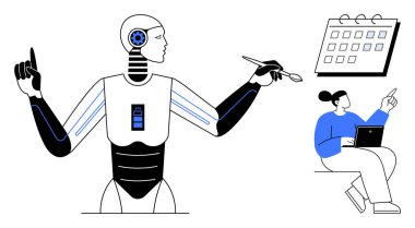 Robot, kalem ve jest ile çoklu görev, takvimi gösteren dizüstü bilgisayar kullanan insanlar. Teknoloji, yapay zeka, otomasyon, işbirliği, yenilik ve verimlilik için idealdir. Basit düz
