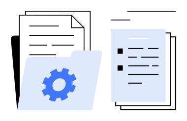 Dişli simgesi ile birlikte istiflenmiş belge ve kağıtlar, iş akışını, dosya organizasyonunu, otomasyonu ve veri yönetimini sembolize ediyor. İş, yazılım, bulut depolama, verimlilik için ideal
