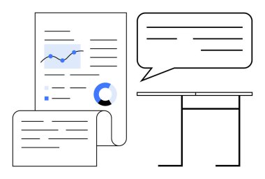 Konuşma balonu ve soyut tablonun yanında grafikler ve pasta grafiği olan analiz kağıtları. Veri sunumu, ofis iletişimi, takım çalışması, iş stratejisi, eğitim, işbirliği, basit
