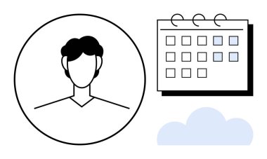 Vurgulanmış tarihler ve bulut şekilli takvimin yakınındaki bir dairede portre. Zaman yönetimi, planlama, programlama, kullanıcı bağlılığı, organizasyon, bulut teknolojisi, modern iş akışı için ideal. Basit.