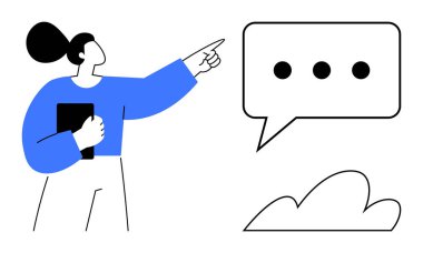Kadın elinde tablet tutarken üç noktayla konuşma baloncuğuna doğru hareket ediyor. Bu da iletişimi öneriyor. Takım çalışması, mesajlaşma, sunum, tartışma, yaratıcılık, tavsiye, basit düz metafor