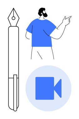 Bir kişinin minimalist tasarımı, bir dolma kalem ve bir video kamera ikonu. Yazmak, eğitim, yaratıcı iletişim, içerik yaratmak, öğrenme dersleri ve yenilikler için idealdir. Basit.