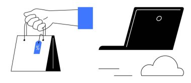 İndirimli etiketli el çantası ve bulut resimli stilize dizüstü bilgisayar. Çevrimiçi alışveriş için ideal, e-ticaret, dijital perakende, müşteri ilişkileri, indirimler, uzaktan ticaret, basit iş