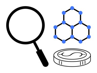 Büyüteç, blok zinciri yapısını ve kripto para birimini inceler, soruşturma, teknoloji, finans ve yeniliği sembolize eder. Araştırma, analiz, fintech ve yatırım engelleme için ideal