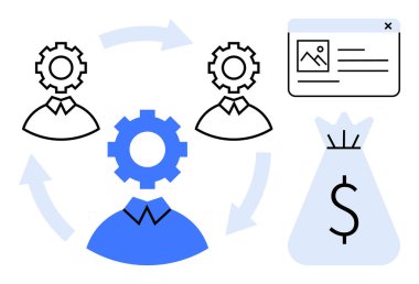 Vites, kullanıcı avatarları, web arayüzü ve takım çalışmasını, iş süreçlerini, çevrimiçi platformları ve gelir yaratmayı simgeleyen para çantalarının yer aldığı çalışma akışı diyagramı. İş stratejisi için ideal