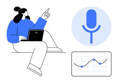 Dizüstü bilgisayarda çalışan kadın, ses girdisini temsil eden mikrofon sembolü ve eğilimleri veya sezgileri gösteren veri grafiği. Teknoloji, podcast, analitik, uzaktan çalışma, ses araçları için ideal
