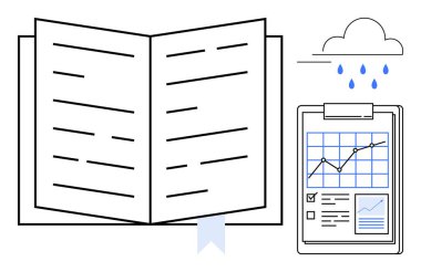 Yer imli kitabı aç, panoda yükselen grafiği olan listeyi kontrol et, damla yağmur bulutu. Eğitim, öğrenme, veri, araştırma, üretkenlik analizi büyümesi için idealdir. Basit düz metafor