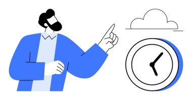 Mavi kazaklı adam bulut ve saati işaret ederek zaman yönetimi, bulut depolama, zamanlama, verimlilik, dijital çözümler, planlama ve modern teknolojiyi basit bir dairede gösteriyor.