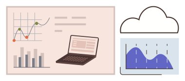 Çubuk grafikler, çizgi grafikleri, bulut ve veri analizlerinin yanında dizüstü bilgisayar. Veri yönetimi, analitik, bulut hizmetleri, teknoloji, iş anlayışı için ideal basit düz metafor tahmini