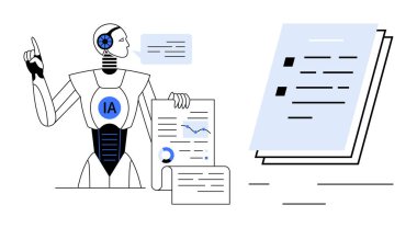 Veri tabloları ve belgeleri olan yapay zeka robotu, görüş ve fikirler sunuyor. Yapay zeka, otomasyon, veri, yenilik, eğitim, analiz, teknoloji için ideal basit düz metafor