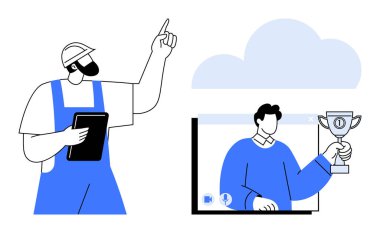 Miğferi ve tableti olan işçiler buluta doğru hareket ederken, bir kişi dijital ekranda bir kupa tutuyor. Dijital işbirliği, uzak çalışma, başarılar, bulut teknolojisi, takım çalışması için ideal