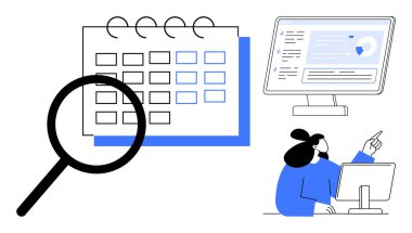 Takvim odaklı büyüteç, monitörde gösterilen veri göstergesi ve masada çalışan kişi. Planlama, analiz, organizasyon, program yönetimi, karar verme süreci için ideal