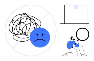 Yasak bir levhada üzgün bir yüz, büyüteçle inceleme yapan biri ve basit bir çerçeve. Problem çözme, berraklık, verimlilik, odaklanma, sorun çözme, strateji için ideal