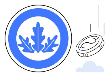 Düşen bir madeni para ve minimalist bulutun yanında yuvarlak mavi bir amblem. Finans, ekonomi, çevre, sürdürülebilirlik, yatırımlar, büyüme ve temiz enerji için idealdir. Basit düz