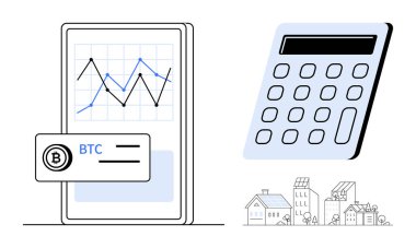 Haritalı akıllı telefon, Bitcoin verisi, hesap makinesi, çevre dostu evler. Finansal yönetim, kripto para birimi, sürdürülebilirlik, teknoloji, veri analizi, ekonomik eğilimler dijital ekonomi için ideal