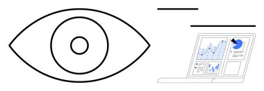 Grafikler, grafikler ve veri analiz elementlerini gösteren bir dizüstü bilgisayarın yanındaki göz grafiği. Analiz, vizyon, izleme, teknoloji, veri izleme, iş tahminleri için ideal basit düz metafor