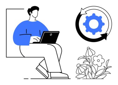 Dizüstü bilgisayarda çalışan biri, gelişim için dairesel oklu çark, gelişimi simgeleyen çiçekler. Üretkenlik, yenilik, sürdürülebilirlik, ilerleme, büyüme, yaratıcılık takım çalışması için ideal