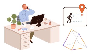 Telefondaki adam bilgisayarla, bitkiyle, kitaplarla, seyahat haritasıyla ve geometrik şekille konuşuyor. İş planlaması, strateji, iletişim, navigasyon verimliliği problem çözümü için ideal