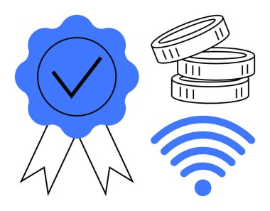 İşaretli rozet, birikmiş paralar ve kablosuz sinyal güven, dijital bağlantı, başarı ve çevrimiçi varlık. İş, teknoloji ve güvenlik finansmanı için ideal