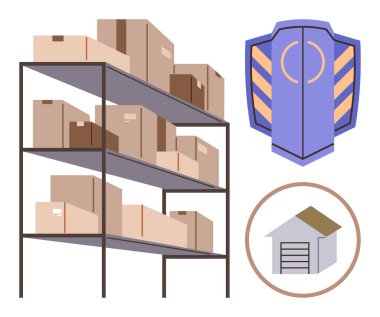 Kutularla dolu metal raflar, güvenlik için kalkan, depolama sembolü. Lojistik, depolama, nakliye, e-ticaret, envanter tedarik zinciri depolama için ideal. Basit düz metafor