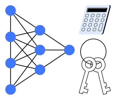 Birbirine bağlı düğümlere sahip sinirsel ağ yapısı, hesaplamayı sembolize eden hesap makinesi ve iki güvenlik anahtarı. Teknoloji, yapay zeka, şifreleme, siber güvenlik, veri analizi, algoritmalar için ideal