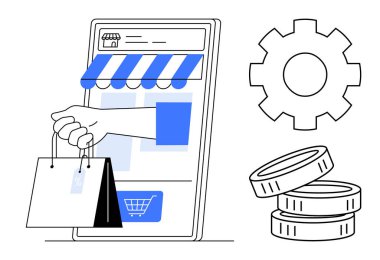Çevrimiçi bir alışveriş merkezi gösteren akıllı telefon. Alışveriş torbaları, madeni paralar ve teçhizatlar. E-ticaret, çevrimiçi perakende, iş, alışveriş uygulamaları, ödeme sistemleri dijital satış otomasyonu için ideal