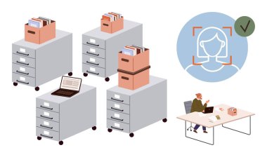 Dolaplarda belgeler, dizüstü bilgisayarlar, yüz tanıma ikonu, masa başı profesyonelleri. Veri depolama, kimlik doğrulama, ofis iş akışı, organizasyon güvenliği verimliliği modern çalışma için idealdir. Basit.