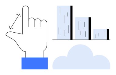 Etkileşimli veri ölçeklendirme için el hareketi, büyüme veya metrikleri temsil eden bar çizelgesi, veri depolama için ışık bulutu. Teknoloji, analitik, bulut hesaplama ve iş stratejisi için ideal
