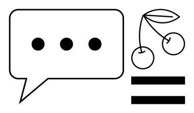 Elipsli konuşma balonu, bir çift kiraz ve minimalist siyah hatlarda eşit işaret. İletişim için ideal, eşitlik, basitlik, adalet, ilişkiler için konuşma yaratıcılığı. Basit.