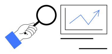 Grafik ekranında yükselen eğilimi inceleyen büyüteçle el ele tutuşmak. Analiz, ilerleme, büyüme, başarı, araştırma, iş stratejisi, veri için ideal. Temiz, düz metafor