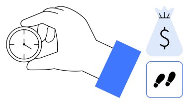 El ele tutuşan saat para çantasının yanındaki zaman yönetimini vurguluyor. İlerleme kaydetmek için tasarruf ve ayak seslerini gösteriyor. Üretkenlik, finans, kariyer büyümesi, zaman izleme, kişisel hedefler için ideal