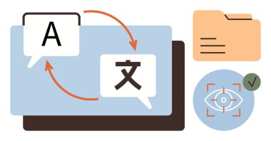 Diller arasındaki çeviriyi temsil eden oklu iki konuşma balonu, belgeleri sembolize eden bir dosya klasörü ve erişilebilirlik için bir göz simgesi. İletişim, eğitim ve küresel için ideal