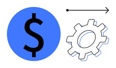 Mavi Dolar işareti, vites ve ok finans, iş büyümesi, verimlilik ve operasyonel verimliliği vurguluyor. Teknoloji, gelir, süreç optimizasyon stratejisi takım liderliği için ideal